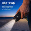 Illustration showing the Streetwise Tap Out stun gun with its built‑in LED flashlight activated, highlighting the front light lens and beam direction.