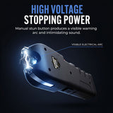 Illustration showing the Streetwise Tap Out stun gun emitting a high‑voltage arc from the front electrodes, highlighting its auto‑stun activation.