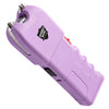 Light‑purple self‑defense stun gun with auto‑stun capability and a bright built‑in light.
