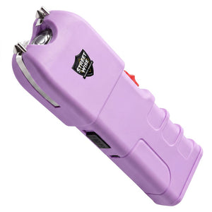 Light‑purple self‑defense stun gun with auto‑stun capability and a bright built‑in light.
