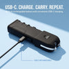 Diagram depicting the Tap Out stun gun’s USB charge port location, with callouts for the port, cable alignment, and charging indicator.
