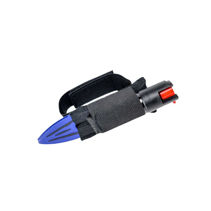 Detailed image of the blue Strike‑N‑Spray Double Defender focusing on the device’s front end and functional features.