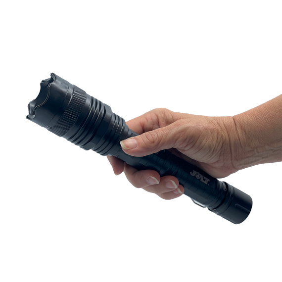 JOLT Tactical 95,000,000 volt stun flashlight with a full‑size aluminum body and textured grip