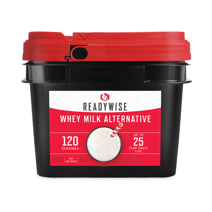 Image of a 120‑serving bucket of emergency whey milk alternative with labeled packaging