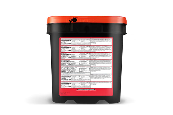 52 Serving Prepper Pack Bucket featuring freeze-dried meals, cereals, beans and rice, and drink mix for emergency preparedness and long-term food storage