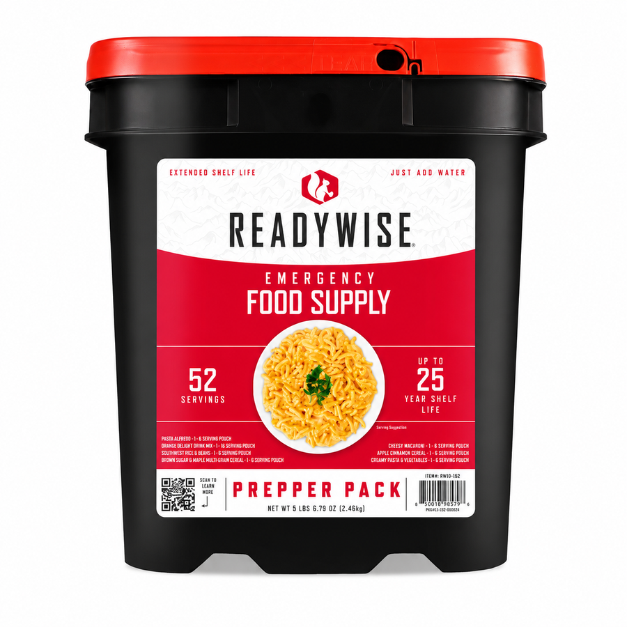 52 Serving Prepper Pack Bucket featuring freeze-dried meals, cereals, beans and rice, and drink mix for emergency preparedness and long-term food storage