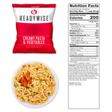 creamy pasta and vegetables survival food packed inside sealed package