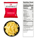 144‑serving freeze dried powdered eggs bucket with visible nutrition and preparation information on the label.