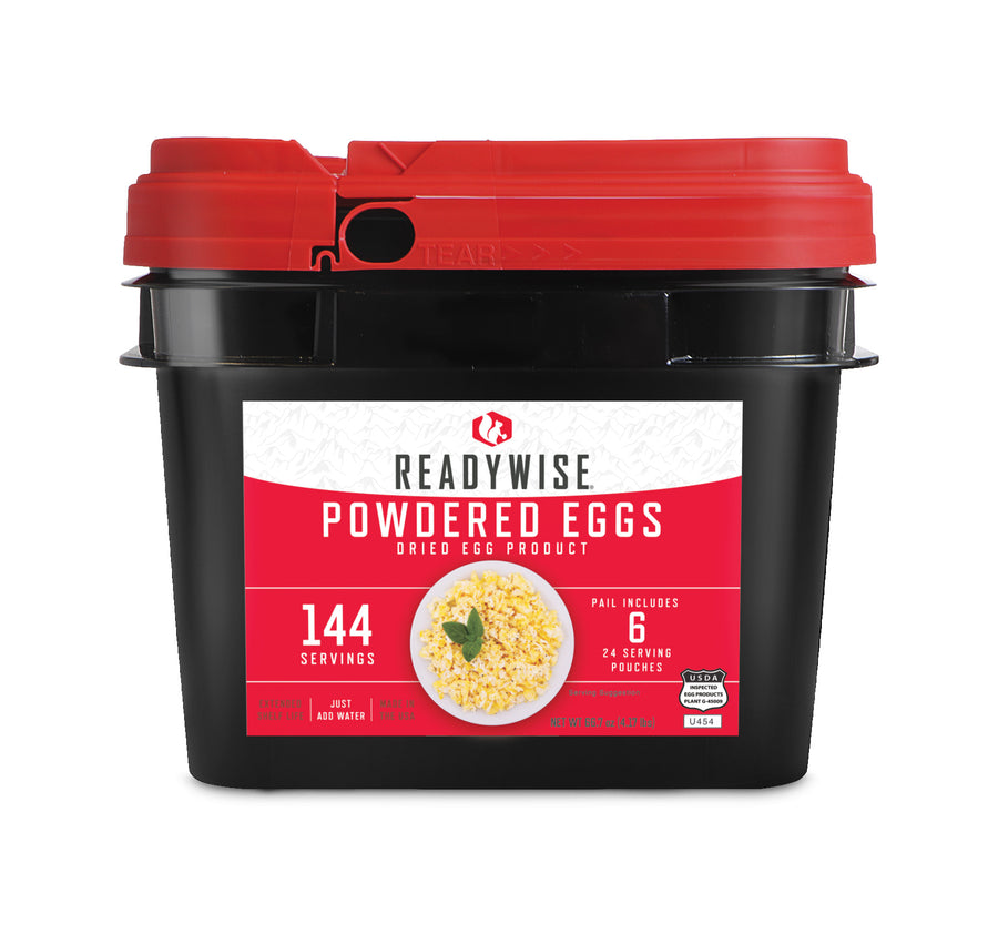 Image of a 144‑serving bucket of freeze dried powdered eggs with labeled packaging