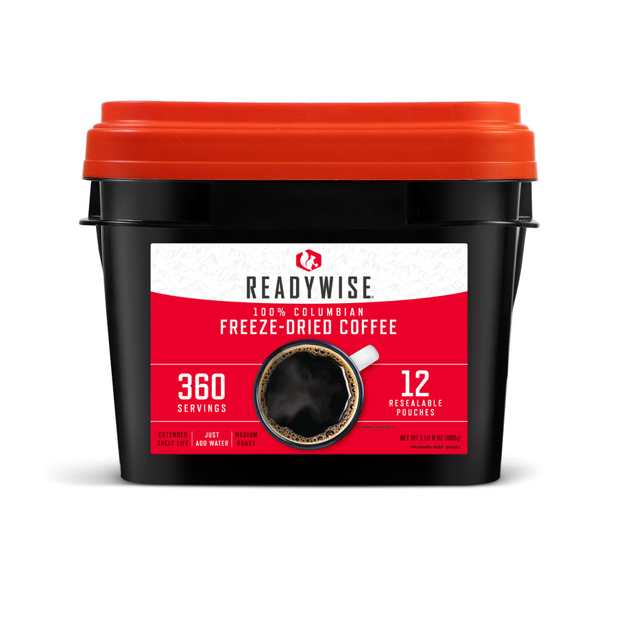 360‑serving freeze‑dried coffee shown in a sealed storage bucket with product label.