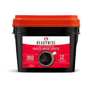 360‑serving freeze‑dried coffee shown in a sealed storage bucket with product label.