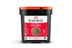 Freeze Dried Meat and Rice Survival Bucket shown with printed label and sealed container.