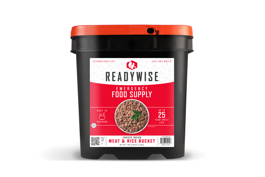 Freeze Dried Meat and Rice Survival Bucket shown with printed label and sealed container.