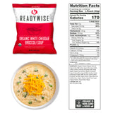 organic white cheddar broccoli soup survival‑food pouch shown with long‑shelf‑life packaging for emergency preparedness and pantry storage