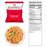 Teriyaki and Rice freeze‑dried meal pouch shown with 12 total servings across two pouches for emergency storage