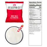 Nutrition facts panel showing serving size, calories, and nutrient information for the 120‑serving whey milk alternative.