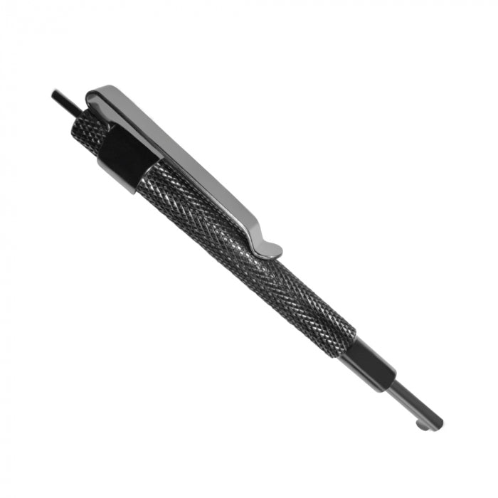 Universal tactical aluminum handcuff key with pocket clip and pen-style design for convenient everyday carry.