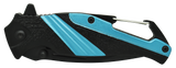 folding knife shown closed with visible clip and carabiner
