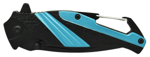 folding knife shown closed with visible clip and carabiner