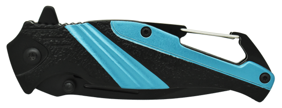 close‑up of the striped handle showing the integrated carabiner