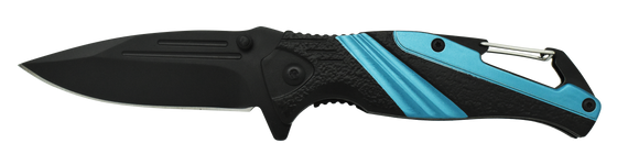 close‑up of the striped handle showing the integrated carabiner