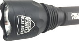 black flashlight with textured grip and front lens visible