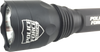 black flashlight with textured grip and front lens visible
