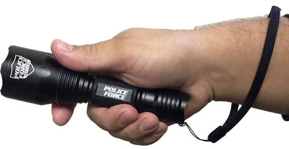 black aluminum LED flashlight shown from a front‑angled view