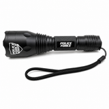 black aluminum LED flashlight shown from a front‑angled view