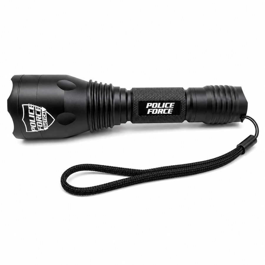 black aluminum LED flashlight shown from a front‑angled view
