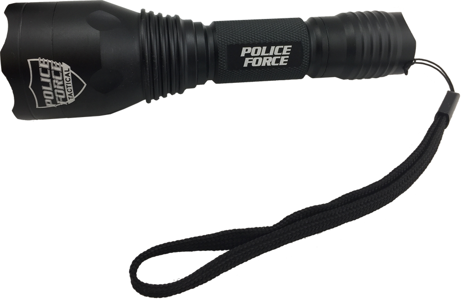 black aluminum LED flashlight shown from a front‑angled view