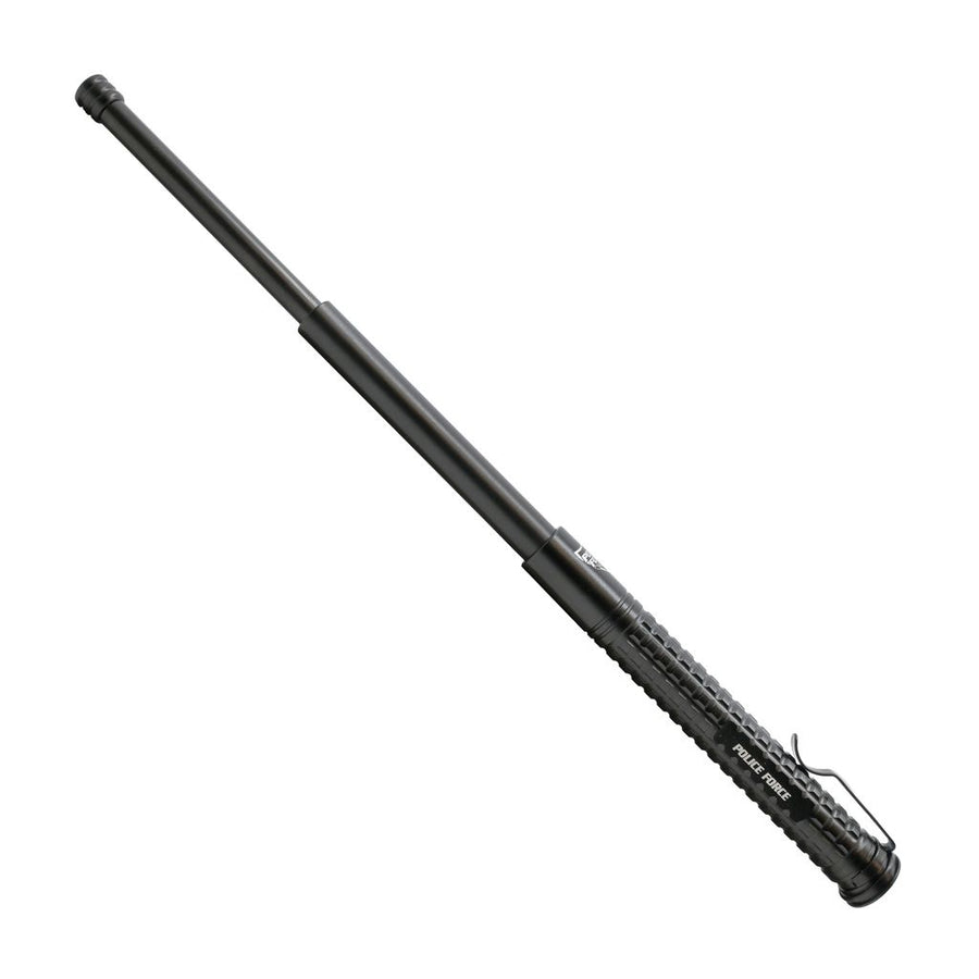 Police Force Tail Press 16-inch EZ Close expandable steel baton with grenade grip handle and emergency window breaker tip
