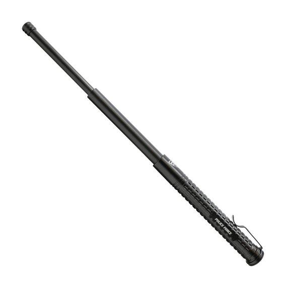 Police Force Tail Press 16-inch EZ Close expandable steel baton with grenade grip handle and emergency window breaker tip