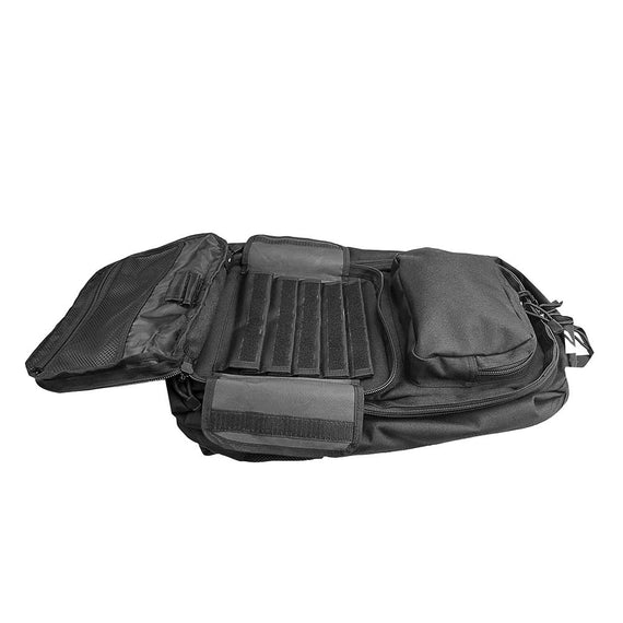 Black takedown carbine tactical backpack with MOLLE storage and lockable zippers.
