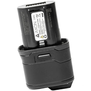TASER 7 CQ rechargeable battery pack with product identification label affixed to the side, shown as a standalone replacement power source for the TASER 7 CQ conducted energy device.
