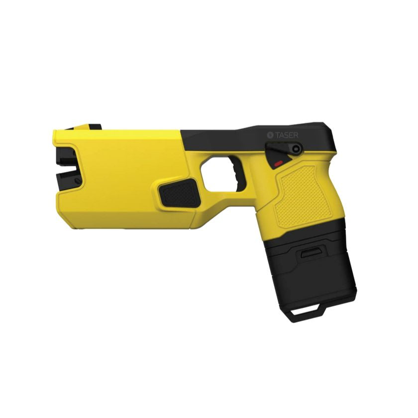 “TASER 7 CQ conducted‑energy device shown from the front with cartridge installed.”