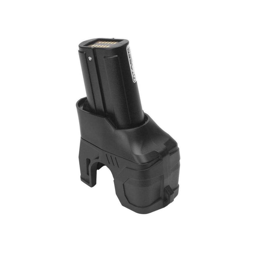 TASER battery pack shown upright with exposed metal contact points on the top and a contoured lower housing