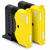 Rear view of two TASER X2 replacement cartridges showing yellow panels, silver inserts, and black ribbed housings.