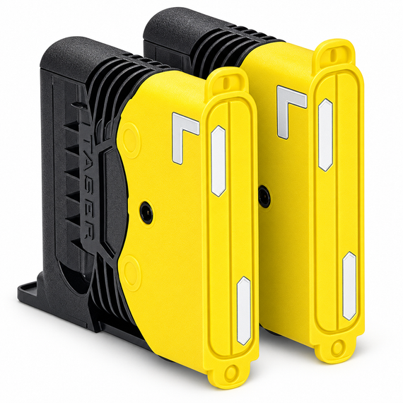 Two TASER X2 replacement cartridges with black housings, gold electrical contacts, and yellow lower sections on a white background.