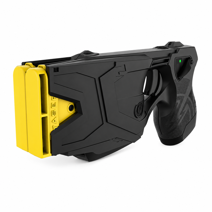 TASER X2 displayed with two cartridges positioned in front of the device