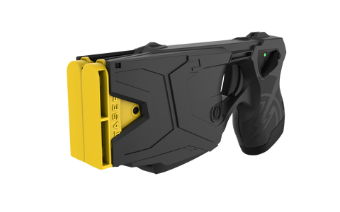 “TASER X2 displayed with two cartridges positioned in front of the device.”