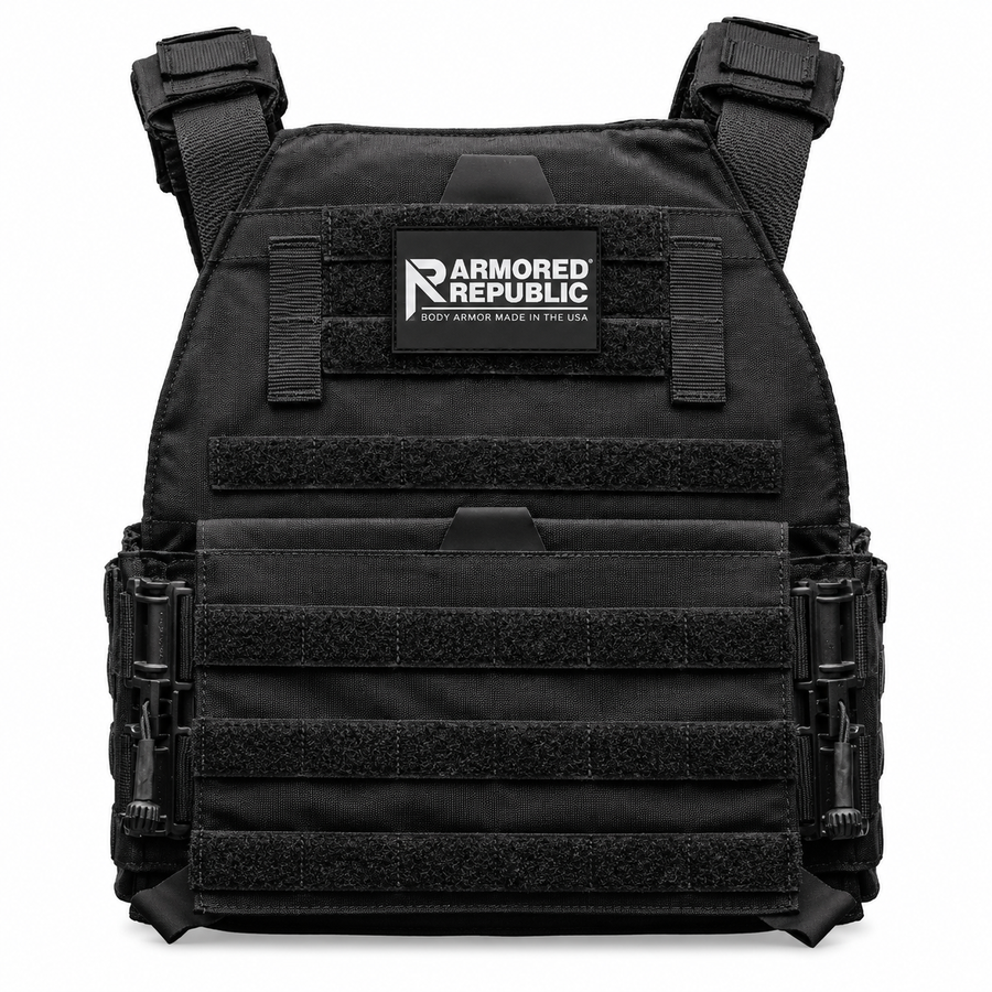 Testudo Gen 3 plate carrier in black shown with load‑bearing shoulder pads, drag handle, and laser‑cut webbing.