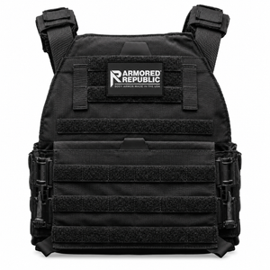Testudo Gen 3 plate carrier in black shown with load‑bearing shoulder pads, drag handle, and laser‑cut webbing.