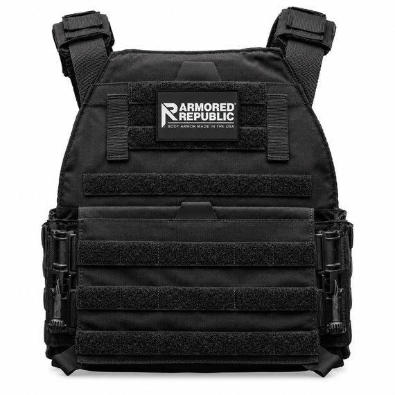 Testudo Gen 3 plate carrier in black shown with load‑bearing shoulder pads, drag handle, and laser‑cut webbing.