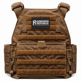 Testudo Gen 3 plate carrier in coyote shown with laser‑cut MOLLE, padded shoulder straps, and adjustable cummerbund for tactical loadouts.