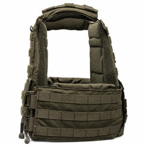 Side profile of the OD Testudo Gen 3 plate carrier with visible MOLLE slots, Velcro fields, and rugged tactical construction.