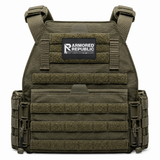 Olive drab Testudo Gen 3 plate carrier photographed to highlight its modular attachment zones and rugged construction for preparedness gear.