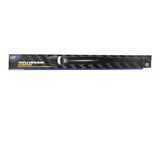 Triple Defender stun baton flashlight displayed inside its branded box featuring graphics, specifications, and safety information.