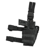 Universal drop‑leg tactical holster in black, shown with adjustable thigh straps and quick‑release buckle clips.