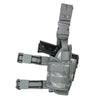 Drop‑leg holster in digital camo showing the main pouch, buckle clips, and thigh‑strap configuration.